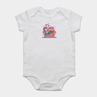 Happy Boy Listening Music On Sofa with Cute Cat, Tune, and Notes of Music Cartoon Vector Icon Illustration Baby Bodysuit